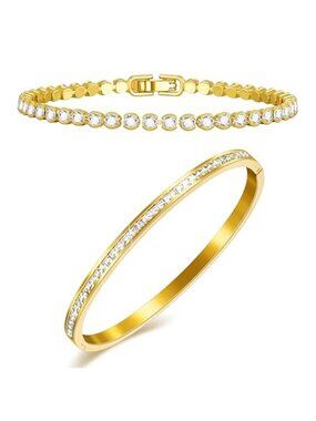 Gold Tennis Bracelet Set Cubic Zirconia Bangle Stack Minimalist Dainty Jewelry